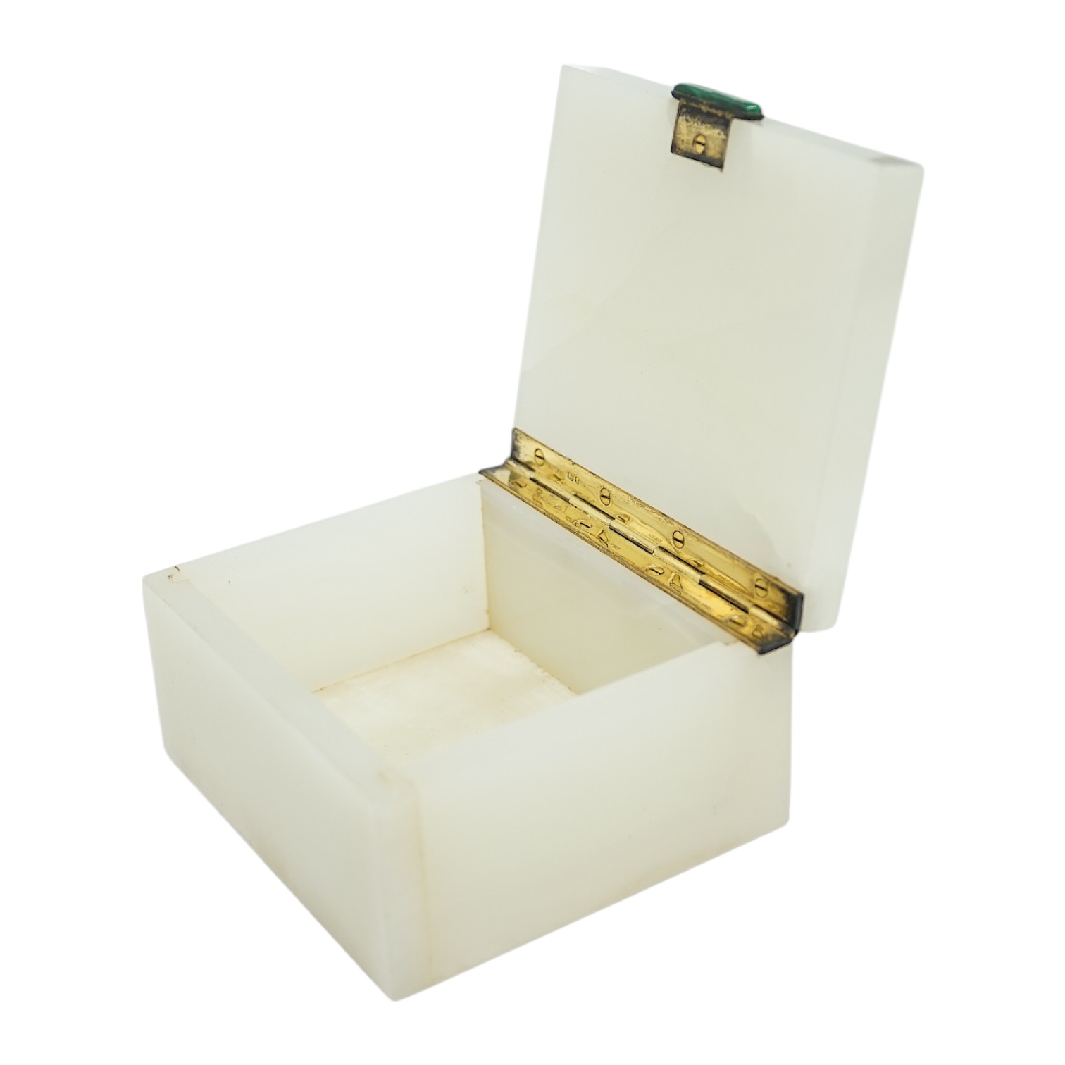 A George VI silver gilt and malachite mounted white onyx box, London, 1937, retailed by Asprey, 92mm. Condition - fair